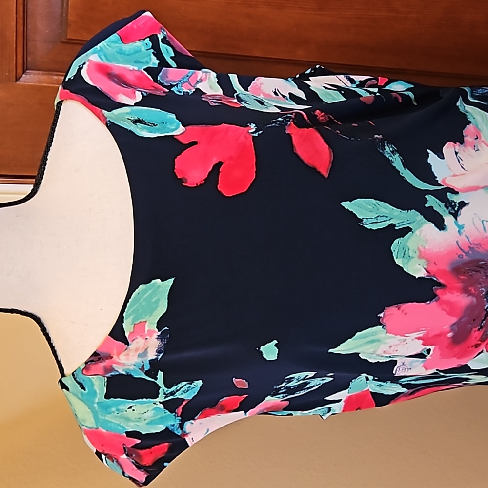 LAUREN RALPH LAUREN DRESS FLORAL 16 BLACK PINK GREEN WHITE Cap Sleeves - Picture 2 of 12